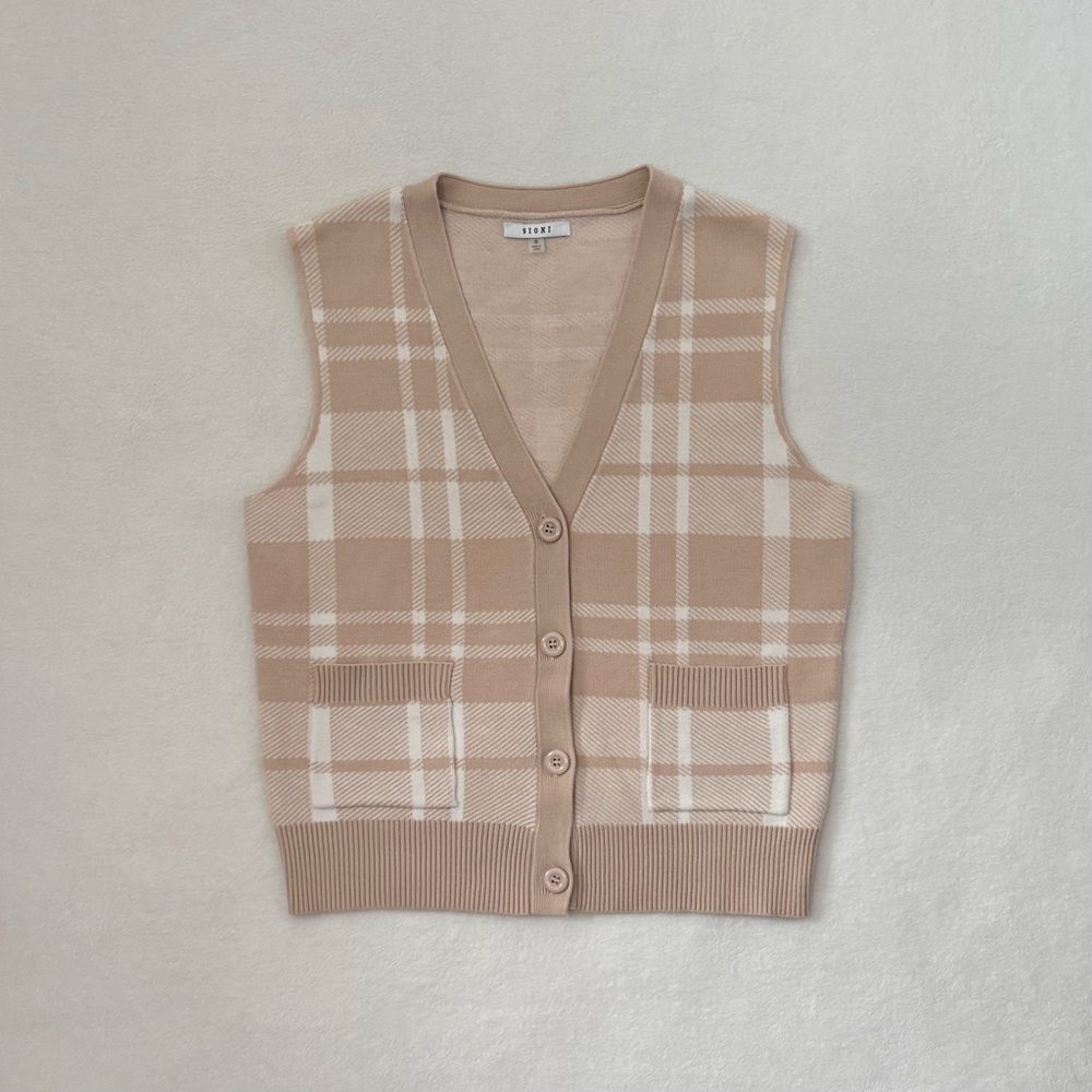 Sioni Preppy Academia Oversized V Neck Plaid Buttons Sweater Vest With Pockets